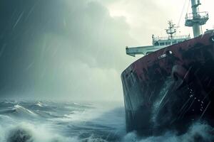 ai generado petrolero buque Embarcacion es navegación en Oceano mediante el pesado tormenta . foto
