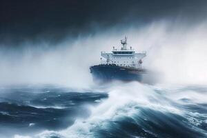 AI generated tanker vessel ship is sailing in ocean through the heavy storm . photo