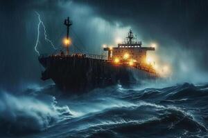 AI generated tanker vessel ship is sailing in ocean through the heavy storm . photo