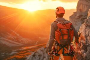 ai generado profesional acantilado trepador detener escalada mirando a hermosa puesta de sol . aventuras y extremo deporte concepto. foto