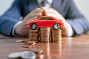 AI generated Red miniature car on stack of coins and businessman on background ,Car loan , Car insurance . photo
