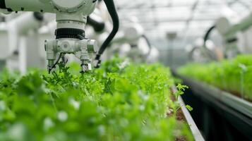 AI generated Future agriculture vegetable farm in greenhouse with smart robotic arms , Automation vegetable farm. photo