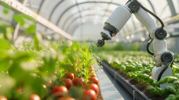 ai generado futuro agricultura vegetal granja en invernadero con inteligente robótico brazos , automatización vegetal granja. foto
