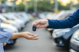 ai generado comerciante dar un coche llave a cliente ,negocio coche alquiler o usado coche negocio concepto . foto