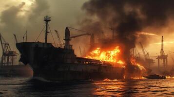 AI generated Cargo vessel explosion on sea near port . photo