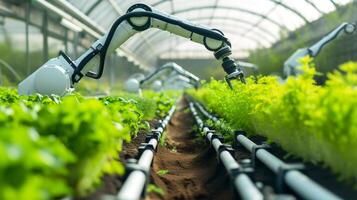 AI generated Future agriculture vegetable farm in greenhouse with smart robotic arms , Automation vegetable farm. photo