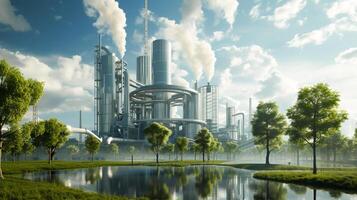 AI generated futuristic factory with good enviroment,Eco-friendly factory green factory concept,zero carbon future photo