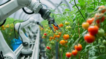 ai generado futuro agricultura vegetal granja en invernadero con inteligente robótico brazos , automatización vegetal granja. foto