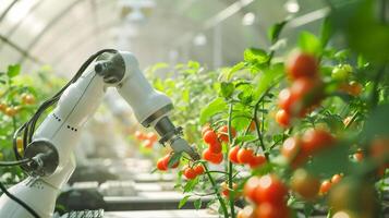 ai generado futuro agricultura vegetal granja en invernadero con inteligente robótico brazos , automatización vegetal granja. foto