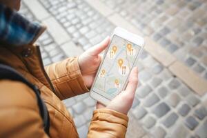 AI generated Traveller using smart phone to find restaurant location . photo