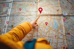 AI generated Travel 's finger point to maps with red map pin icon , Travel planning. photo