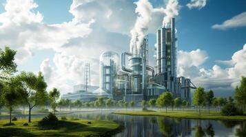 ai generado futurista fábrica con bueno medio ambiente, ecológico fábrica verde fábrica concepto, cero carbón futuro foto