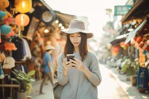 AI generated Female traveller look at her smart phone for booking hotel , searching for restaurant ,look map . photo