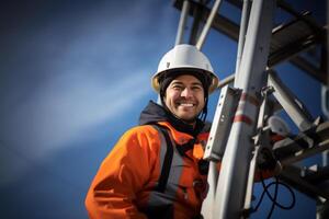 AI generated engineer wearing safety gear working at top of signal antenna.Working at height photo