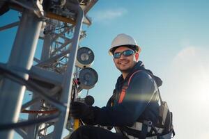 AI generated engineer wearing safety gear working at top of signal antenna.Working at height photo