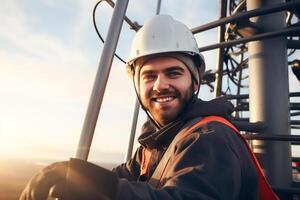 AI generated engineer wearing safety gear working at top of signal antenna.Working at height photo