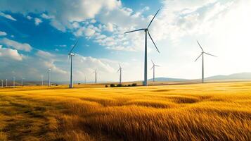 AI generated Wind turbine farm on top of hill with golden light , renewable energy photo