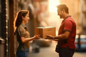 AI generated Young woman receive parcel from deliveryman . photo