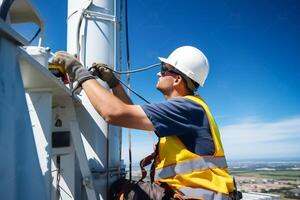 ai generado ingeniero vistiendo la seguridad engranaje trabajando a parte superior de señal antena.funcionando a altura foto