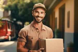 ai generado joven hermoso sonriente repartidor entrega paquete o empaquetar . foto