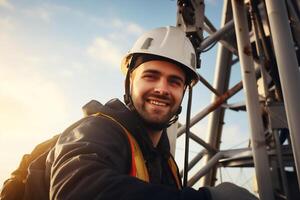 ai generado ingeniero vistiendo la seguridad engranaje trabajando a parte superior de señal antena.funcionando a altura foto