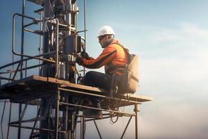 AI generated engineer wearing safety gear working at top of signal antenna.Working at height photo