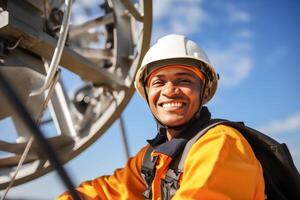 AI generated engineer wearing safety gear working at top of signal antenna.Working at height photo