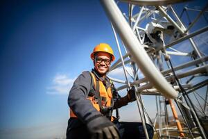 AI generated engineer wearing safety gear working at top of signal antenna.Working at height photo