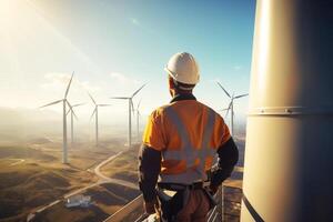 AI generated engineer wearing safety gear working at top of wind turbine.Maintenance wind turbine,Green energy concept .Working at height photo