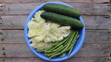 repollo, verde frijoles y pepinos para vegetarianos aislado en gris antecedentes. foto