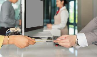 Airport check in counter with boarding pass ticket photo