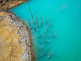 Aerial drone view of dried land. Climate change. Severe drought. Global warming. Environmental disaster. Polluted water. photo