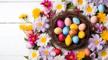 AI generated background for easter season with multicolored eggs, flowers, wood and space for placing texts photo