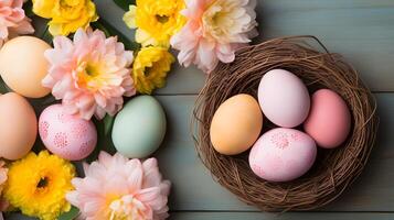 AI generated background for easter season with multicolored eggs, flowers, wood and space for placing texts photo