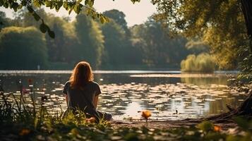 ai generado persona disfrutando el primavera en un soleado día por el lago sentado y acecho el agua foto