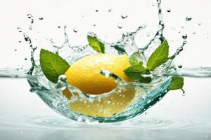 AI generated Fresh lemon and mint falling into water with splash, isolated on white background photo