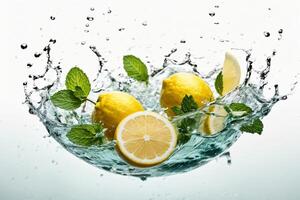 AI generated Fresh lemon and mint falling into water with splash, isolated on white background photo