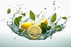 AI generated Fresh lemon and mint falling into water with splash, isolated on white background photo