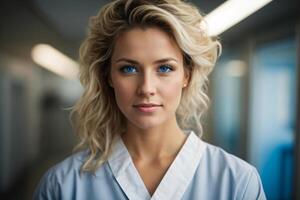 AI generated Female doctor in hospital lobby. Woman in white coat with tablet in corridor of the clinic. Medical treatment. AI Generated photo