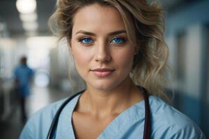 AI generated Female doctor in hospital lobby. Woman in white coat with tablet in corridor of the clinic. Medical treatment. AI Generated photo