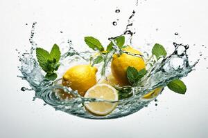 AI generated Fresh lemon and mint falling into water with splash, isolated on white background photo