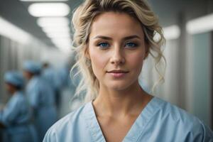 ai generado hembra médico en hospital vestíbulo. mujer en blanco Saco con tableta en corredor de el clínica. médico tratamiento. ai generado foto