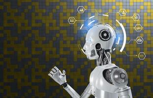 White woman robot on blurred background using digital network connection 3D rendering photo