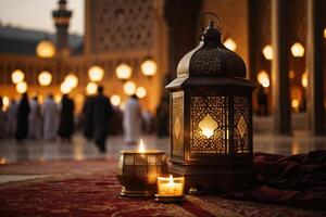 ai generado ornamental Arábica linterna con ardiente vela brillante a noche y reluciente dorado bokeh luces. festivo saludo tarjeta, invitación para musulmán santo mes Ramadán kareem oscuro antecedentes foto