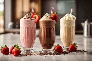 AI generated Discover the Ultimate Trio Irresistible Milkshakes in Small, Medium  Large Generative AI photo