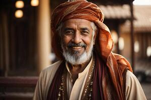 AI generated AI Generated Image of smiling Arabian elderly bearded man wearing traditional clothing and looking at camera while standing against blurred background photo