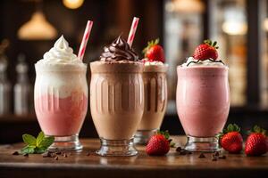 AI generated Discover the Ultimate Trio Irresistible Milkshakes in Small, Medium  Large Generative AI photo