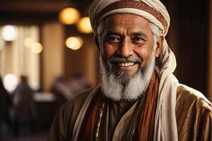 AI generated AI Generated Image of smiling Arabian elderly bearded man wearing traditional clothing and looking at camera while standing against blurred background photo