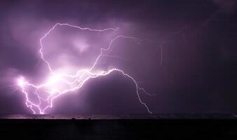 night shooting of a thunderstorm over the sea, photography of lightning photo