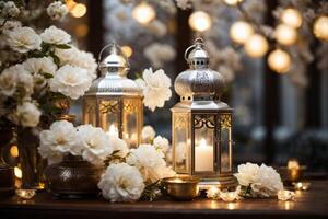 AI generated A lantern, softly lit by a candle, traditional customs observed during Ramadan Kareem. Wallpaper banner with copy space. photo